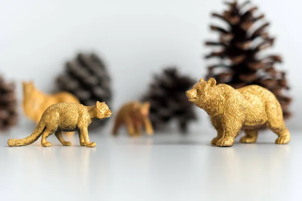 Golden Christmas Decorations Marten Bear Figures Models Toys Pine Cones — Stock Photo, Image