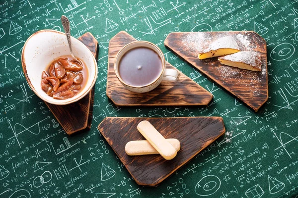 Hora Del Mermelada Albaricoque Tarta Requesón Taza Tablas Madera Fórmulas — Foto de Stock