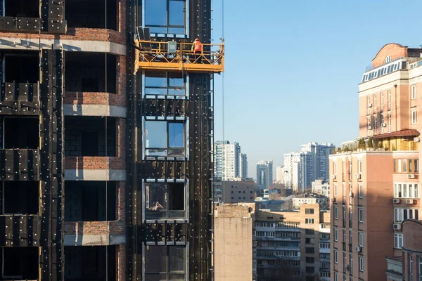 High Rise Construction Work Construction Site Workers Cradles Working Facade — Stock Photo, Image