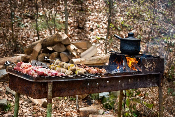 Grilled Kebab Cooking Metal Skewer Potatoes Roasted Meat Cooked Barbecue — Stock Photo, Image