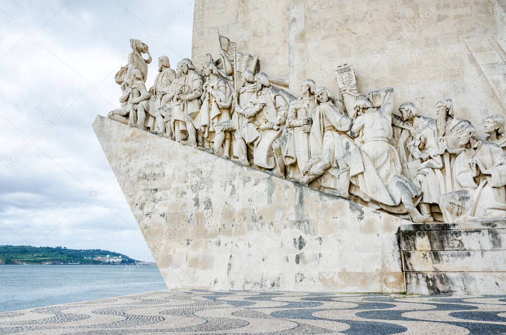 Monument to the Discoveries in Portuguese Padrao dos Descobrimentos monument on northern bank of Tagus River. Lisbon, Portugal