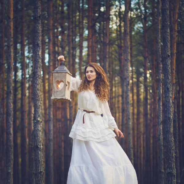 提灯を持つ森の中の若い美しい女性 — ストック写真