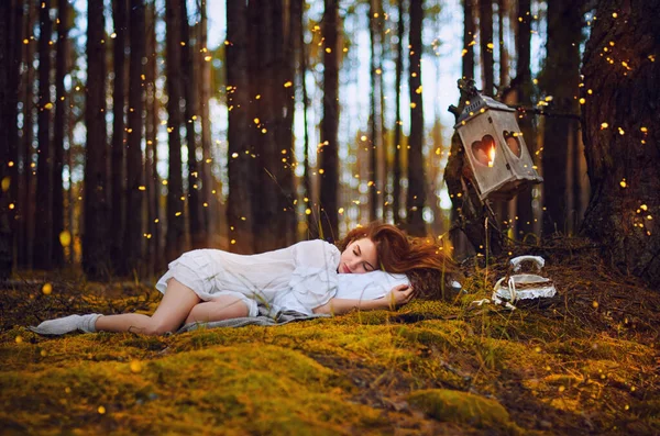 Jovem Mulher Bonita Floresta Com Lanterna — Fotografia de Stock