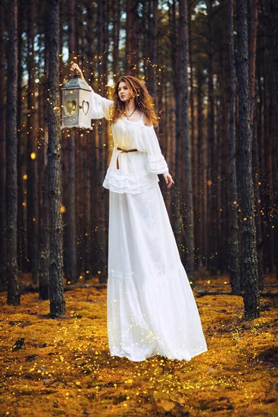 Jeune Belle Femme Dans Forêt Avec Lanterne — Photo