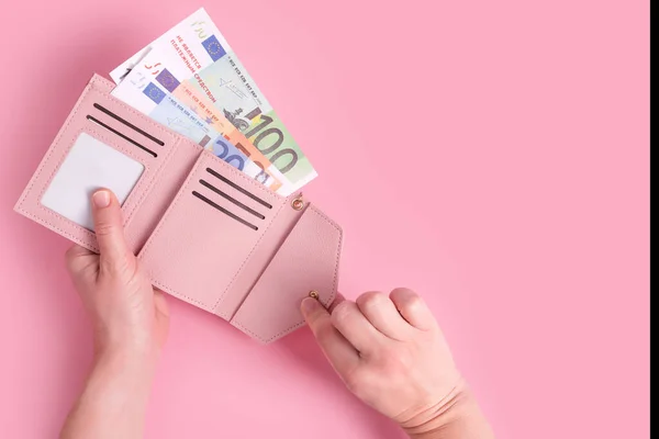 Hands Holding Wallet Pink Leather Wallet Euro Money Female Hands — Stock Photo, Image