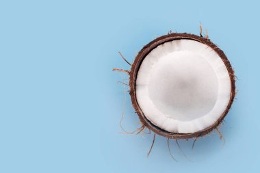 Açık mavi arka planda hindistan cevizi ikiye bölünmüş. Yarı çiğ hindistan cevizi, yazı için boş alan..