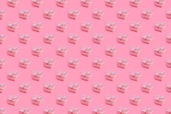 Patrón con cesta de compras de plástico rosa sobre fondo pastel rosa. Diseño minimalista creativo. Viernes Negro, descuento, publicidad y concepto de venta. Arte de diseño minimalista de moda para póster, branding —  Fotos de Stock