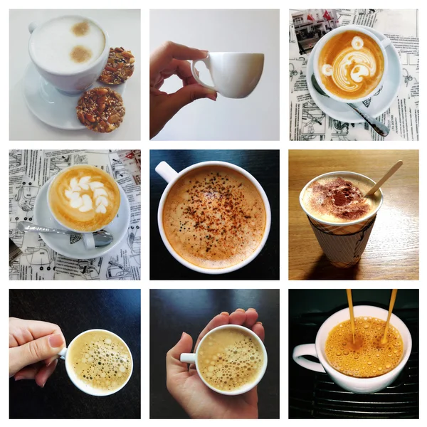 Collage-Kaffee mit Espresso, Cappuccino, Latte und Mokka — Stockfoto
