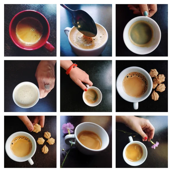 Café collage con espresso, capuchino, café con leche y moca — Foto de Stock