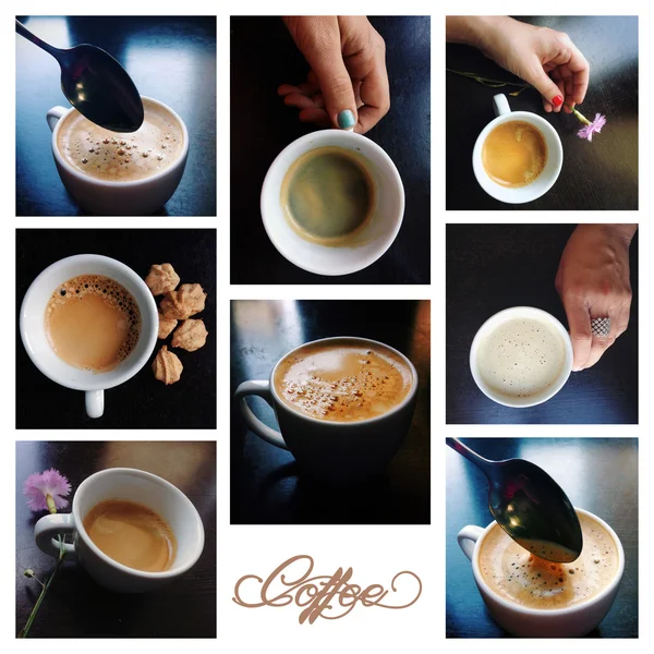 Collage koffie met espresso, cappuccino, latte en mokka — Stockfoto