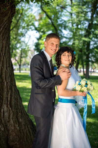 Novia y novio en el día de la boda caminando al aire libre en la naturaleza de primavera. Pareja nupcial, feliz mujer recién casada y hombre abrazándose en el parque verde. Amar pareja de boda al aire libre . — Foto de Stock