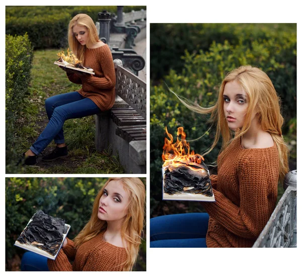 Photo collage of beautiful blonde girl sitting in the park and reading a burning book — Stock Photo, Image