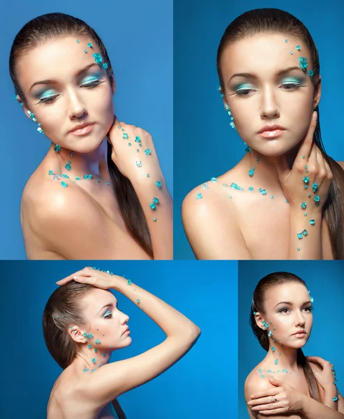 Set of young woman nude portraits with professional makeup. Beautiful naked young woman covered with blue crystals. Snow queen, girl covered with ice. — Stock Photo, Image