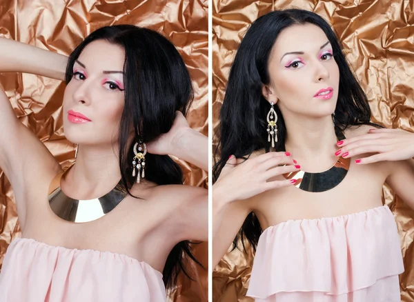 Conjunto de retratos. Hermosa mujer joven en vestido de noche con joyas de oro sobre fondo dorado . — Foto de Stock