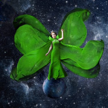 Green space queen. Beautiful woman in a fluttering dress standing and balancing on the planet in outer space. Fantastic art work. Elements of this image furnished by NASA. clipart