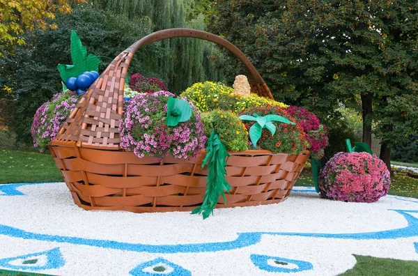 Büyük Çiçeklik sepet ile renkli krizantem farklı meyve dolu şeklinde. Parkland Kiev, Ukrayna.