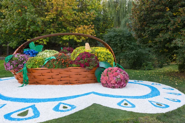在篮子里的不同的水果满五颜六色的菊花形状的大花坛。公园在基辅，乌克兰. — 图库照片