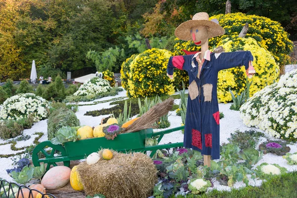 Smiling scarecrow in a vegetable garden in a countryside. — Stock Photo, Image