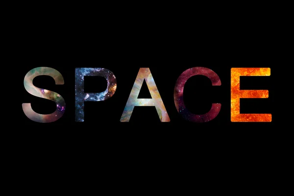 Colorful sign on black background. Word space with colorful starry images and textures inside the letters. Elements of this image furnished by NASA. — Stock Photo, Image