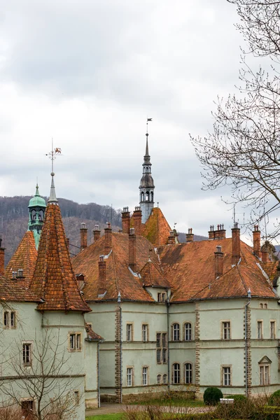 Scharfe Dächer des Schenborner Schlosses, Ukraine. — Stockfoto