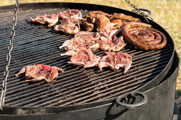 Maso na grilu. Kuřecí maso a párky na obří grilování mřížky. — Stock fotografie