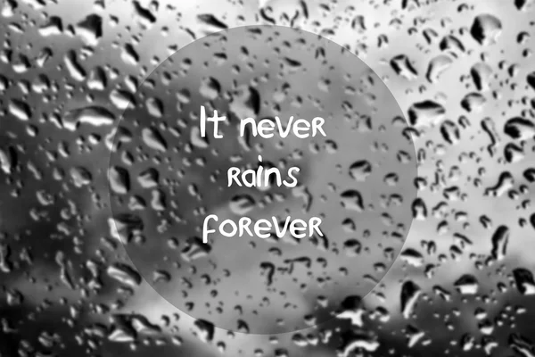 Inspirational quote with words It never rains forever on blurred natural background with water drops on window glass texture.