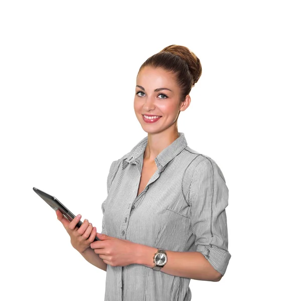 Joven empresaria sosteniendo la tableta con una lista de tareas y trabajando en la pantalla táctil, sonriendo a la cámara aislada sobre fondo blanco . —  Fotos de Stock