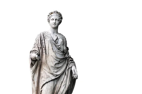 Marble statue of roman Ceres or greek Demeter isolated on white from the park of the Palace and park complex Estate of G. Galagan. Sokyryntsi village, Ukraine. — Stock Photo, Image