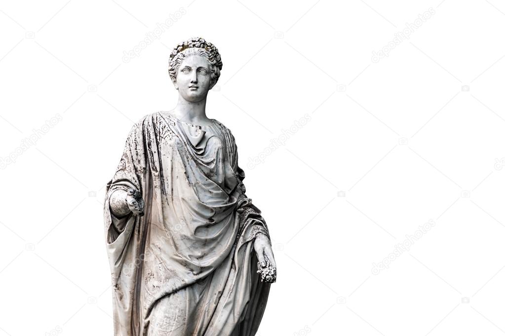 Marble statue of roman Ceres or greek Demeter isolated on white from the park of the Palace and park complex Estate of G. Galagan. Sokyryntsi village, Ukraine.