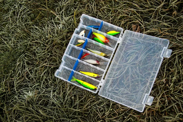 Conjunto de iscas de pesca em caixa de atacar na grama congelada . — Fotografia de Stock