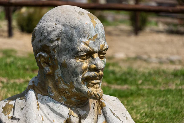 Abandoned and forgotten vandalized bust of Lenin standing on the grass near the tourist complex in the Carpathians, Ukraine.