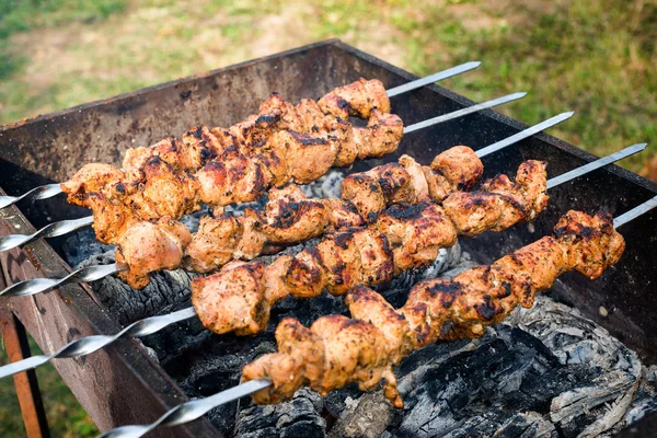 Barbecue with delicious grilled meat on grill. Barbecue weekend. Selective focus. — Stock fotografie