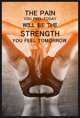 The pain you feel today will be the strength you feel tomorrow. Inspiration quote. Fit woman exercising with weights on the background of a concrete wall in the gym. Healthy lifestyle concept. clipart