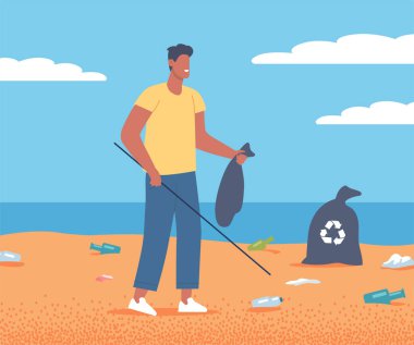 Sahilde çöp toplayan adam, vektör çizimi..