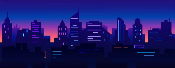 Vektör Şehri gece illüstrasyonu. Modern şehir binalarının manzarası.