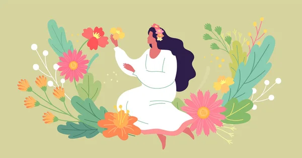 Yaz çiçekleriyle genç bir kadın, vektör tebrik kartı illüstrasyonu