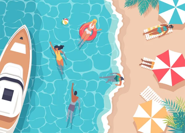 Sahildeki bir grup insanın vektör çizimi.