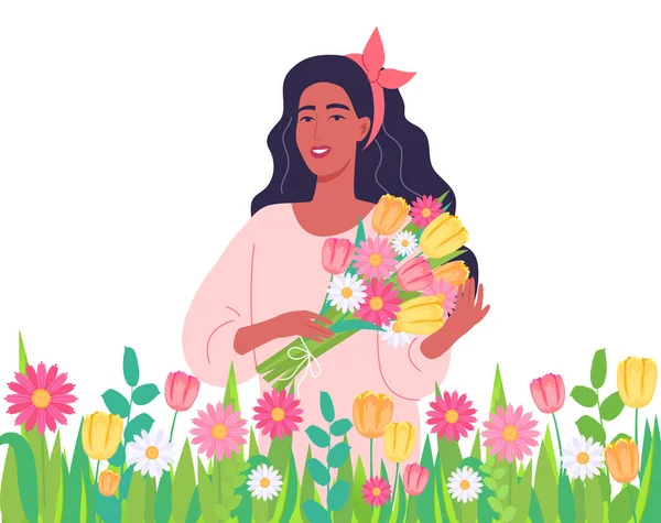 Çiçek karakteri çizimi olan genç bir kadın.