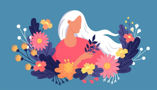 Yaz çiçekleri taşıyan genç bir kadın tebrik kartı çizimi yapıyor.