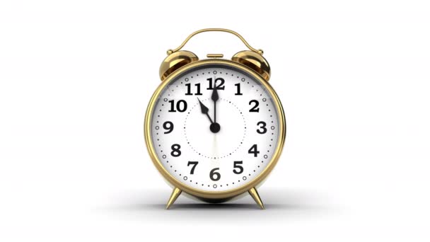 El tiempo pasa en el reloj despertador clásico contra fondo blanco, bucle sin costuras — Vídeos de Stock