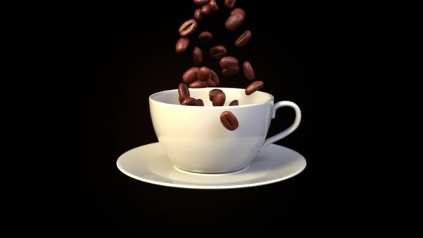 Roasted coffee beans falling into coffee cup, slow motion isolated against black background — Stock Video