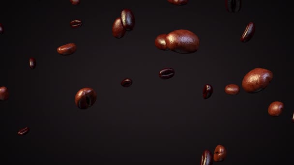 Rostade kaffebönor faller mot kaffe bakgrund — Stockvideo