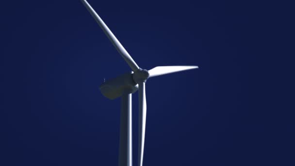 Botten vy av vindkraftverk mot klarblå himmel, loop — Stockvideo