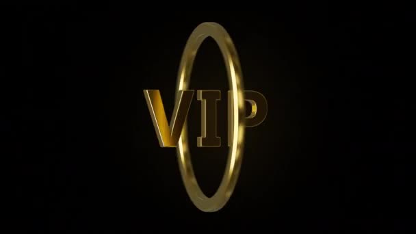 Zlaté VIP logo rotující uvnitř zlatého prstenu se zářivým efektem — Stock video