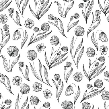 Lale siyah çizgi vektörü kusursuz desen. Lale desensiz vektör arkaplanı. Dekoratif, kusursuz bir illüstrasyon, basım için iyi. Etiket, baskı ve ambalaj için harika.