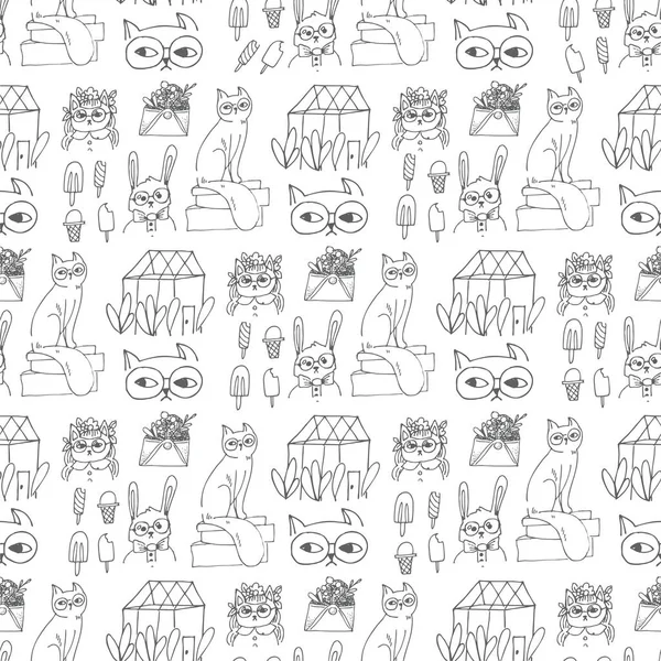 Cat, rabbit, ice cream, book, mail with flower and greenhouse seamless vector pattern for textile prints, cards, design. Line art style vector