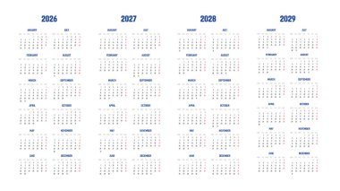 2026, 2027, 2028,2029 Takvim seti - vektör illüstrasyonu. Hafta pazartesi başlıyor. Takvim 2026, 2027 için ayarlandı. 