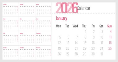 2026 Takvim - vektör çizimi. Hafta pazartesi başlıyor. Takvim 2026 'ya ayarlandı. Takvim 2026. Hafta Pazartesi şirket tasarım şablonu başlıyor. Masa takvimi 2026.