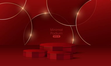 Yumuşak malzeme tabanlı minimal podyum. Ahşap podyum sahneleri ve kapakları yuvarlak ve kare şeklinde altın kaplamalı ürün sergi platformu. 