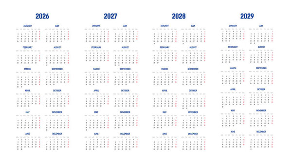 2026, 2027, 2028,2029 Календарь - векторная иллюстрация. Неделя начинается в понедельник. Календарь на 2026, 2027 год. 